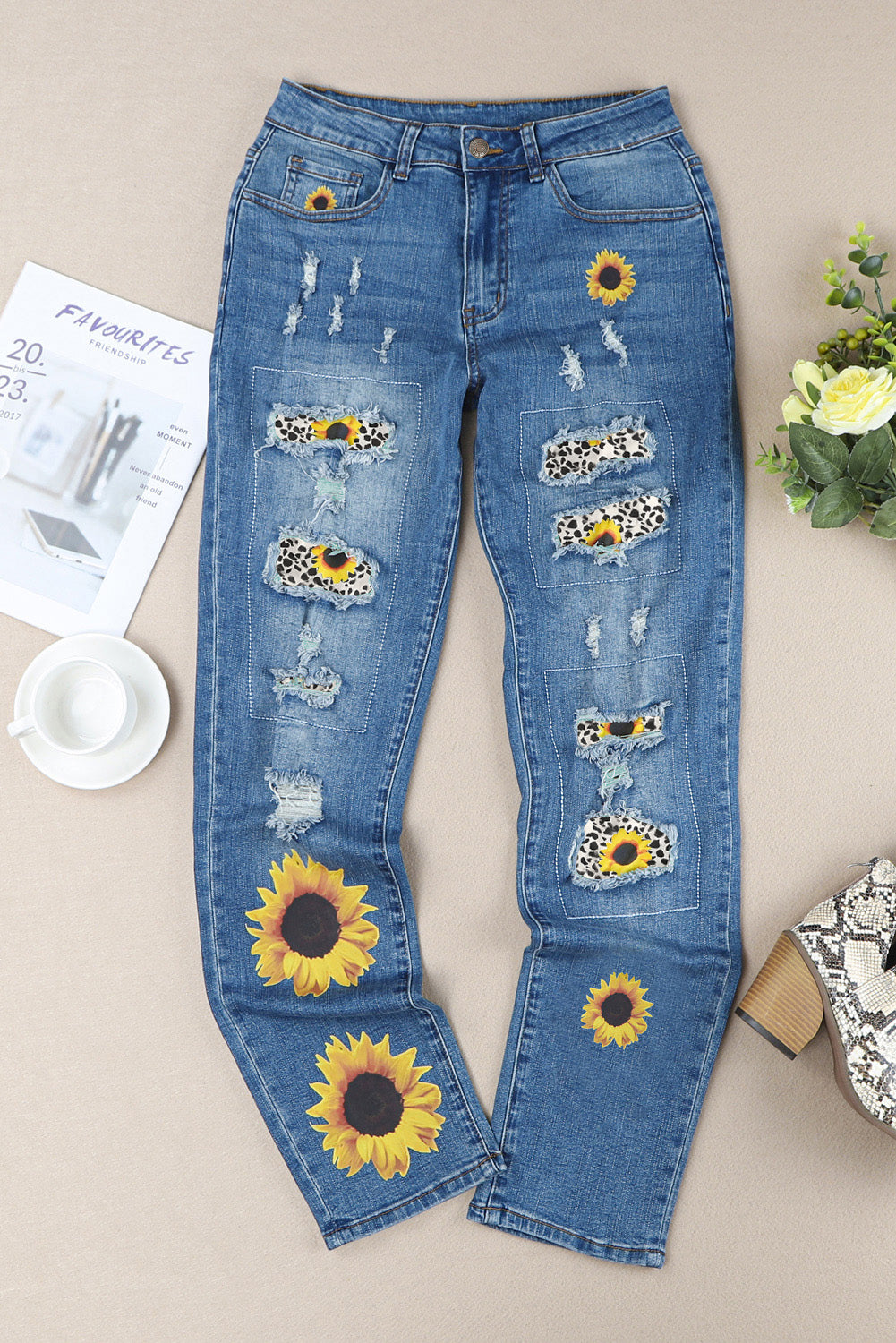 Blue Sunflower Print Ripped Mid Rise Straight Leg Graphic Jeans