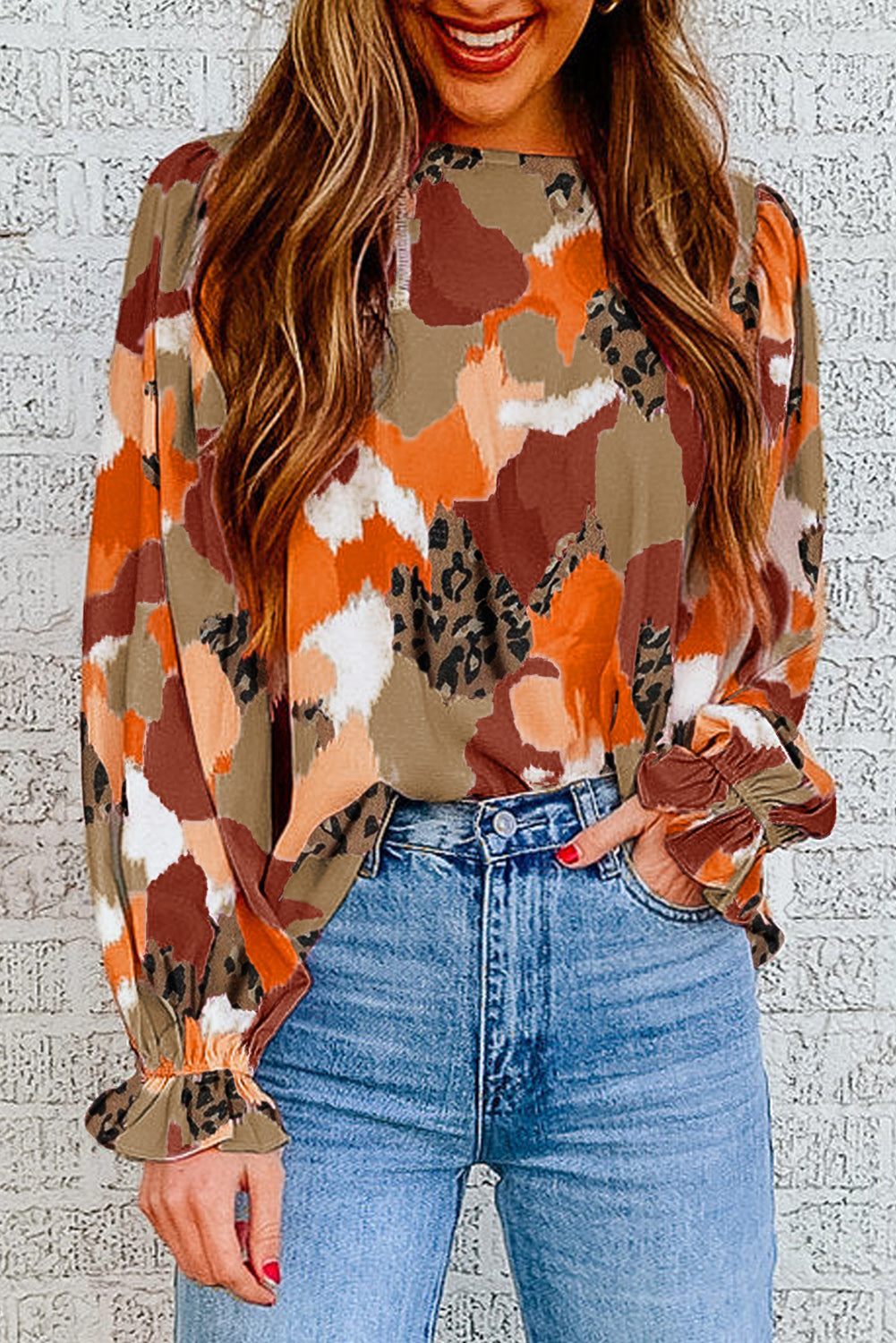 Multicolor Abstract Bohemian Puff Sleeve Blouse