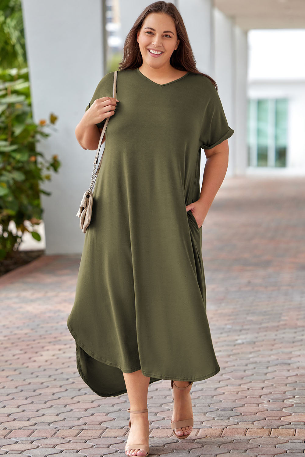 Green V Neck Rolled Cuffs Plus Size Maxi Dress