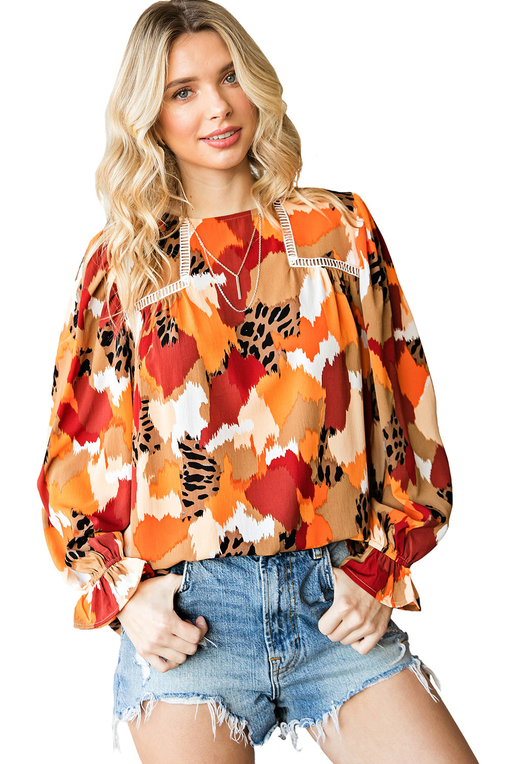 Multicolor Abstract Bohemian Puff Sleeve Blouse