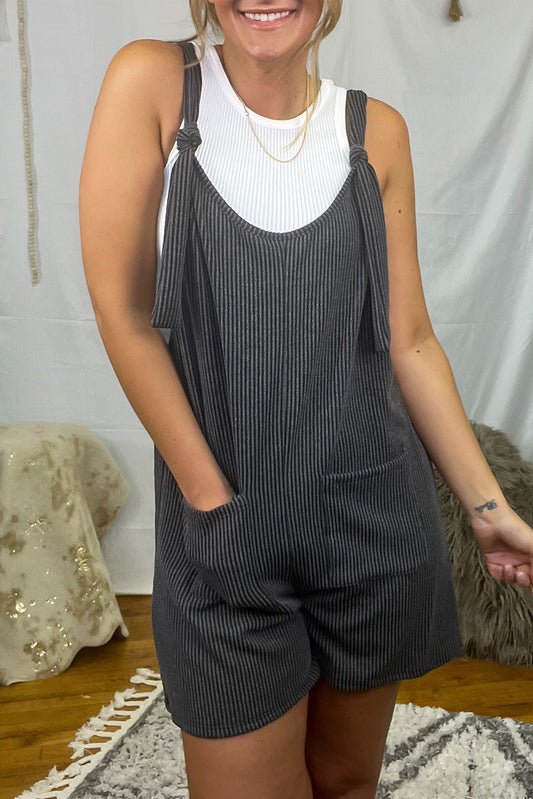 Dark Grey Ribbed Striped Knotted Straps Pocketed Romper