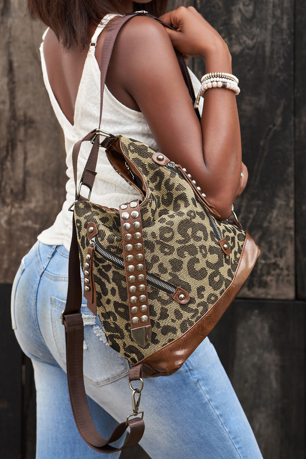 Brown Leopard Stud Western Shoulder Bag