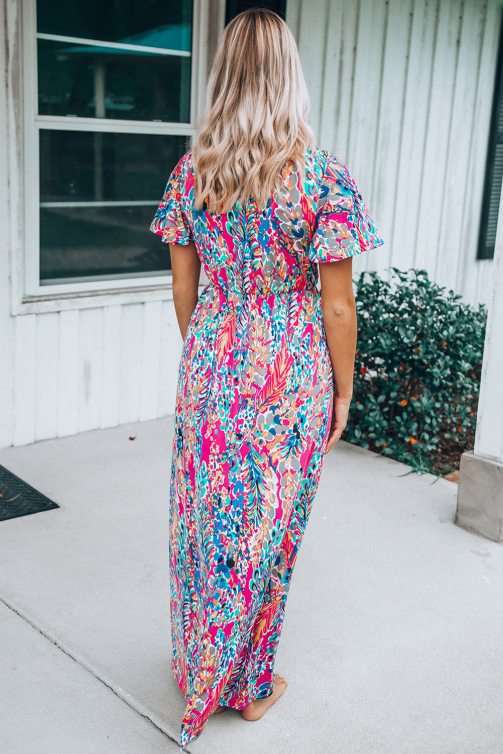 Abstract Botanic Print Wrap V Neck Short Sleeve Maxi Dress