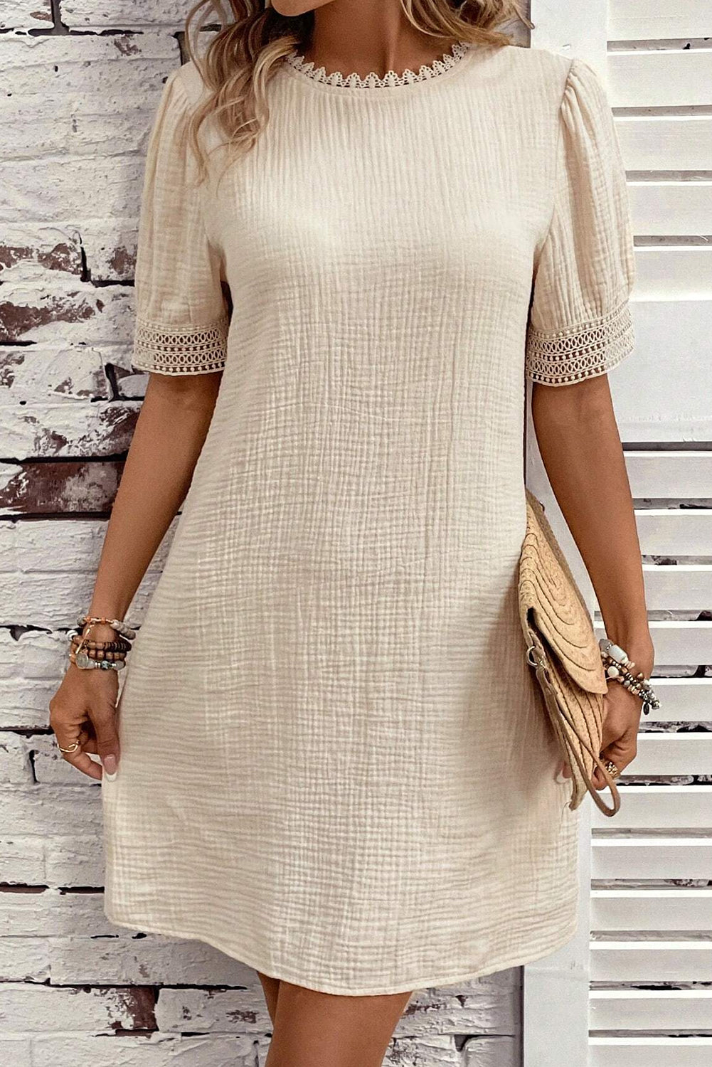 Beige Crinkled Lace Trim Splicing Puff Sleeve Mini Dress