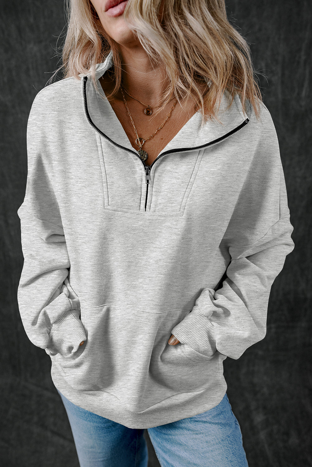 Black Zip-up Stand Neck Kangaroo Pocket Sweatshirt