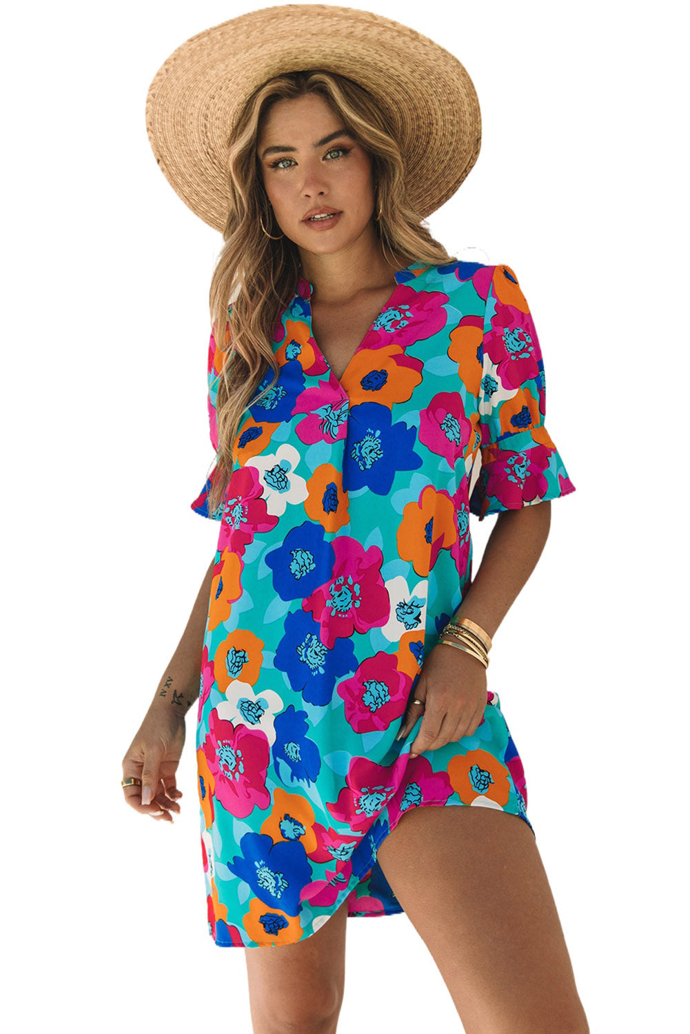 Multicolor Floral Print Mandarin Collar Short Sleeve Tunic Dress