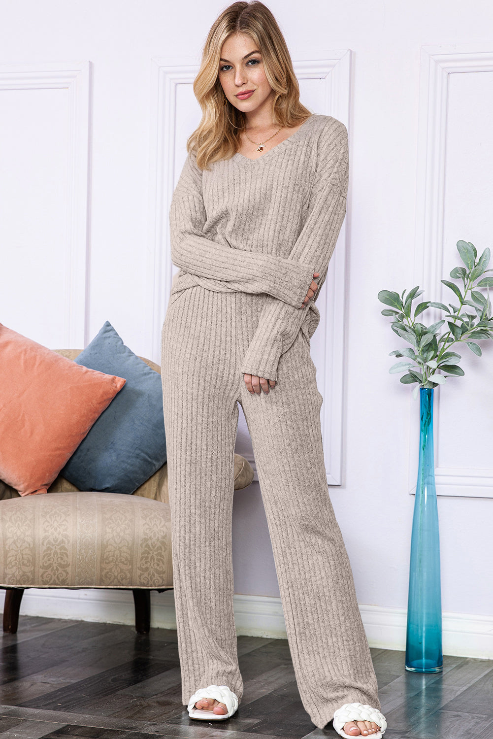 Black Slouchy Ribbed Knit V Neck Top & Pants Loungewear Set