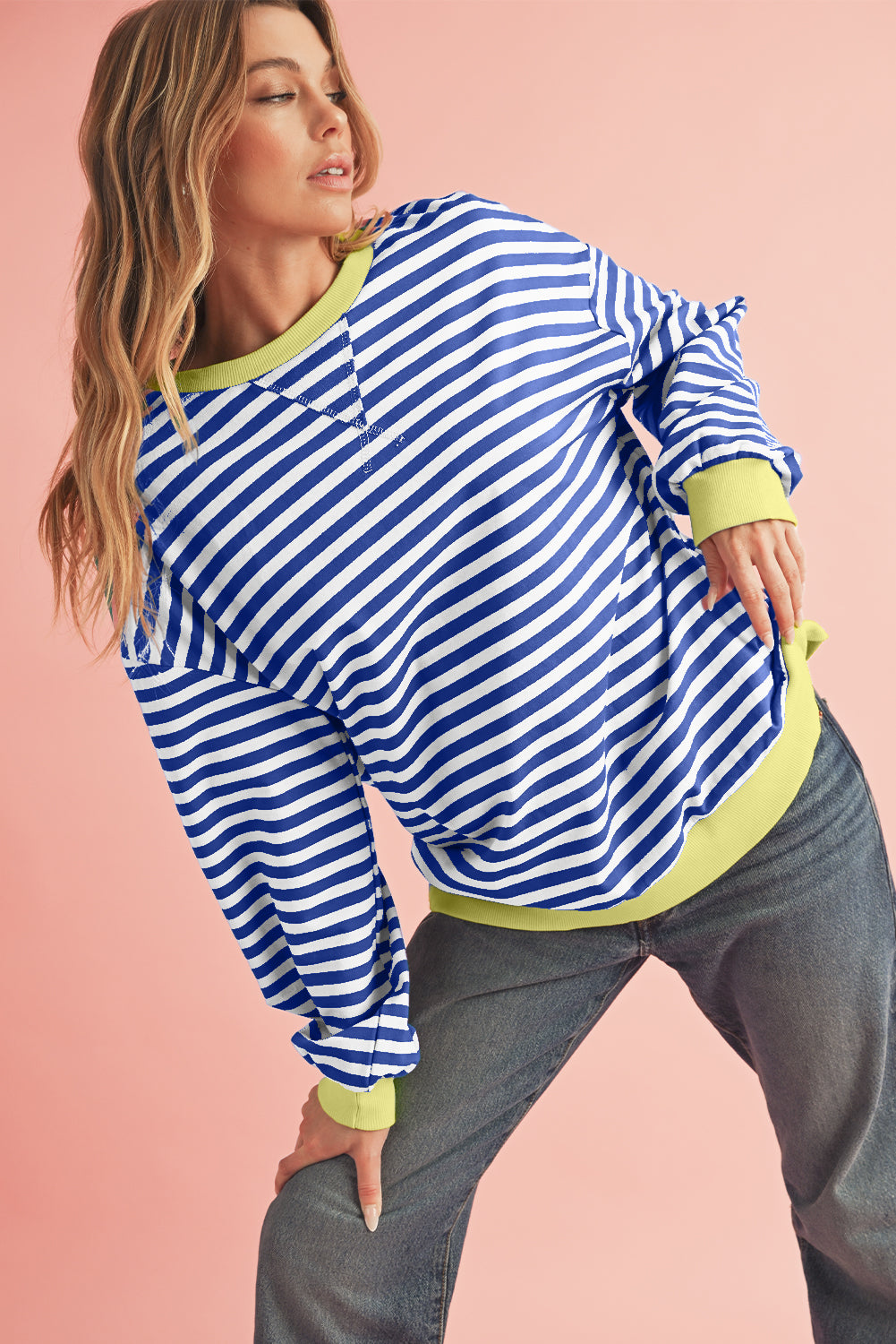 Sky Blue Stripe Contrast Edge Oversized Pullover