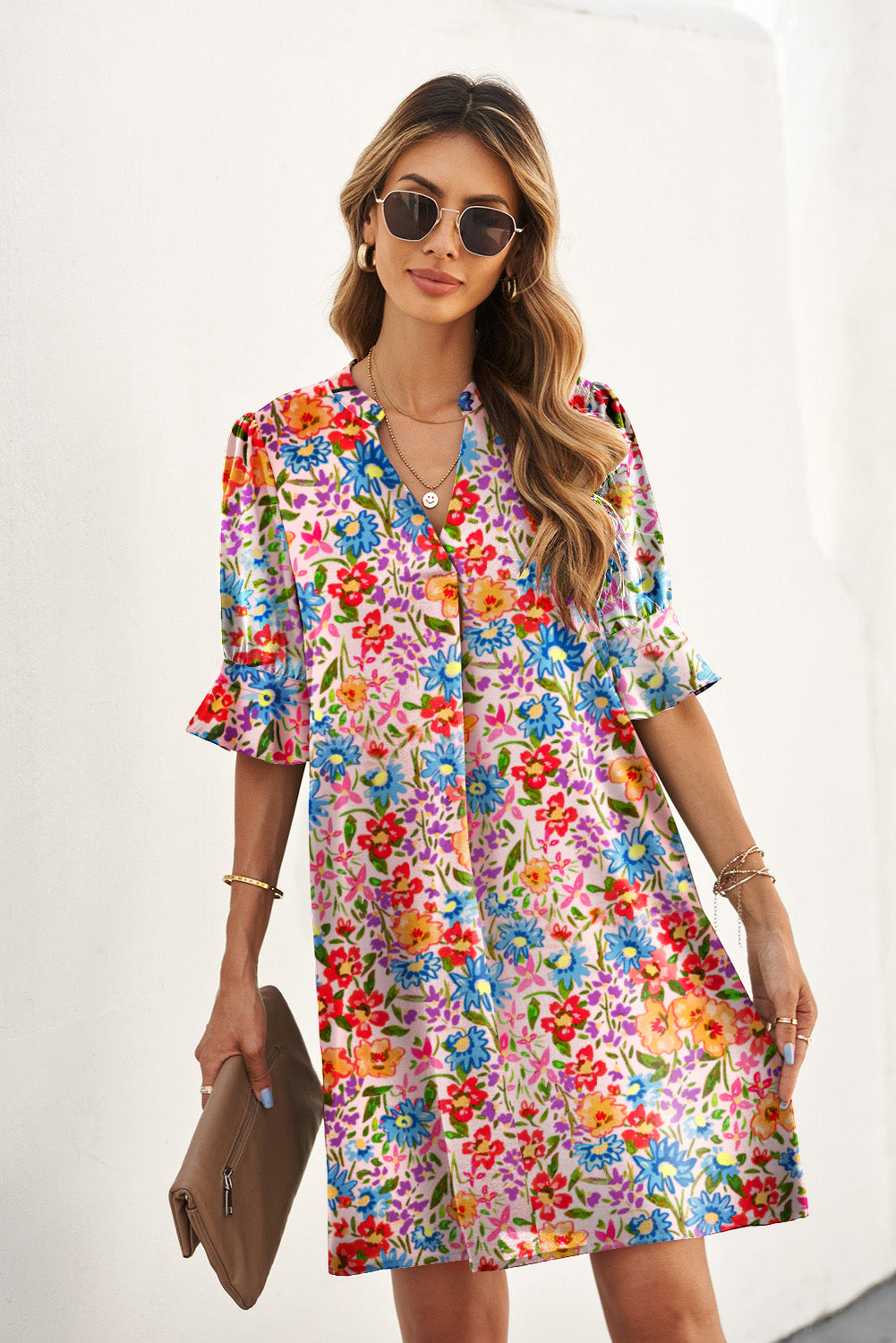 Multicolor Floral Print Split V Neck Half Sleeve Casual Tunic Dress