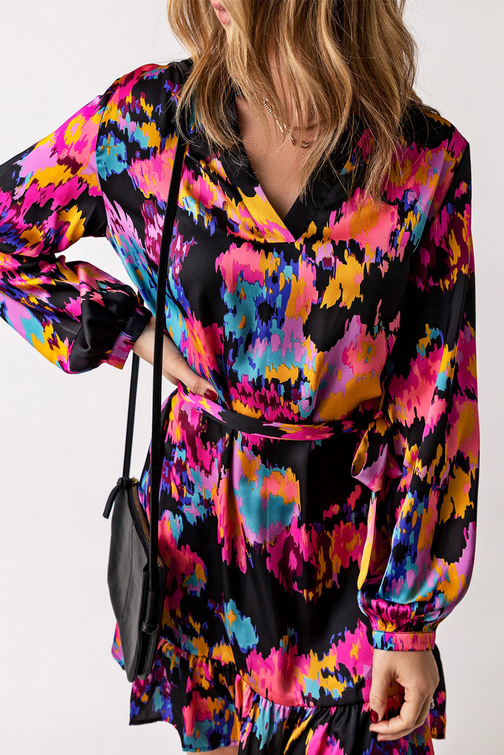 Abstract Print Waist Belted Flounce Hem Split V Neck Long Sleeve Dress