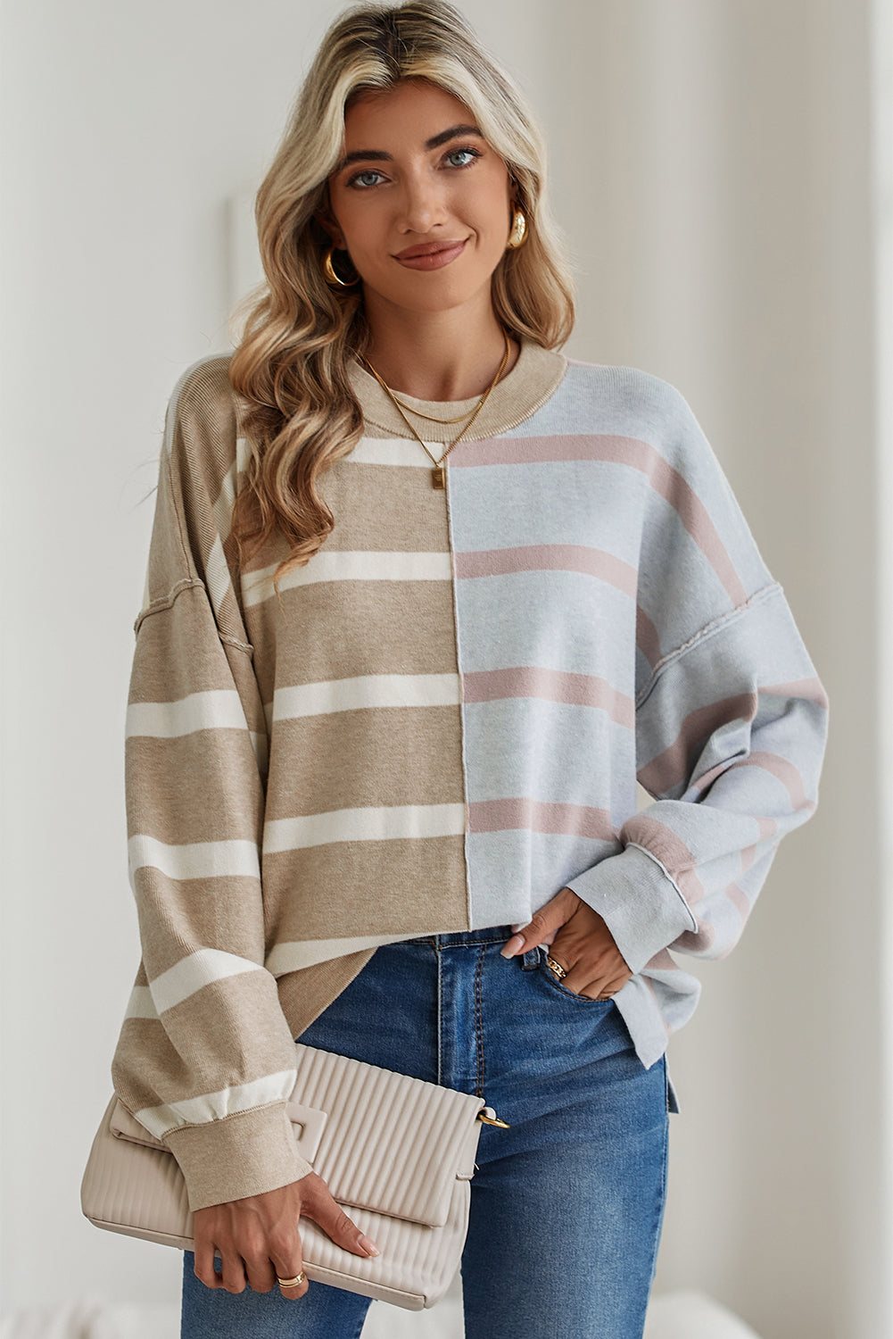 Light Beige Striped Colorblock Drop Shoulder Sweater