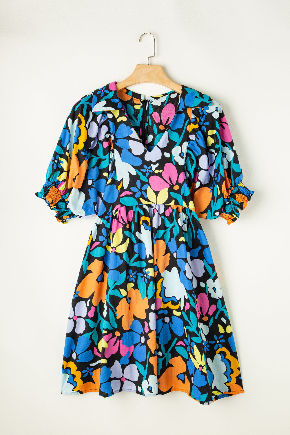 Blue Floral Print Collared Split V Neck Flared Plus Size Mini Dress