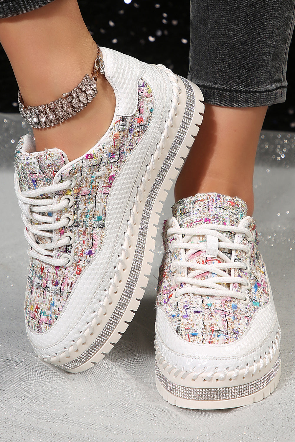 White Shiny Sequin Slip On Thick Sole Flat Shoes