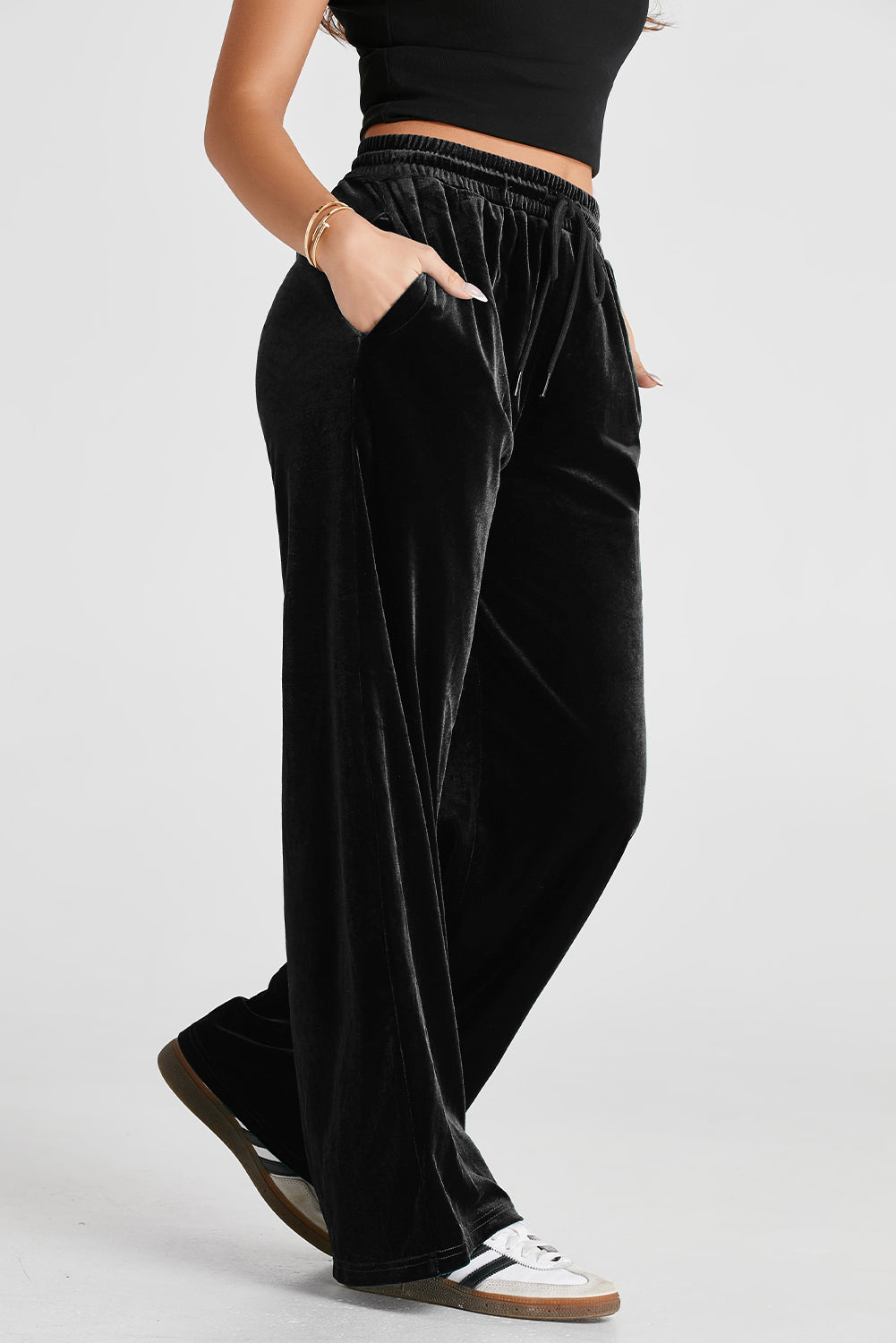 Black Solid Drawstring Waist Wide Leg Pants