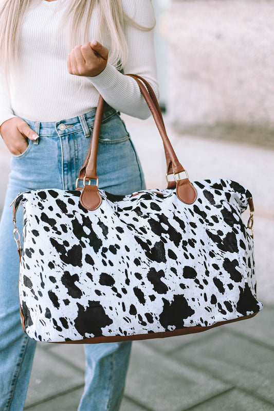 White Animal Spots Printed Leather Tote Bag