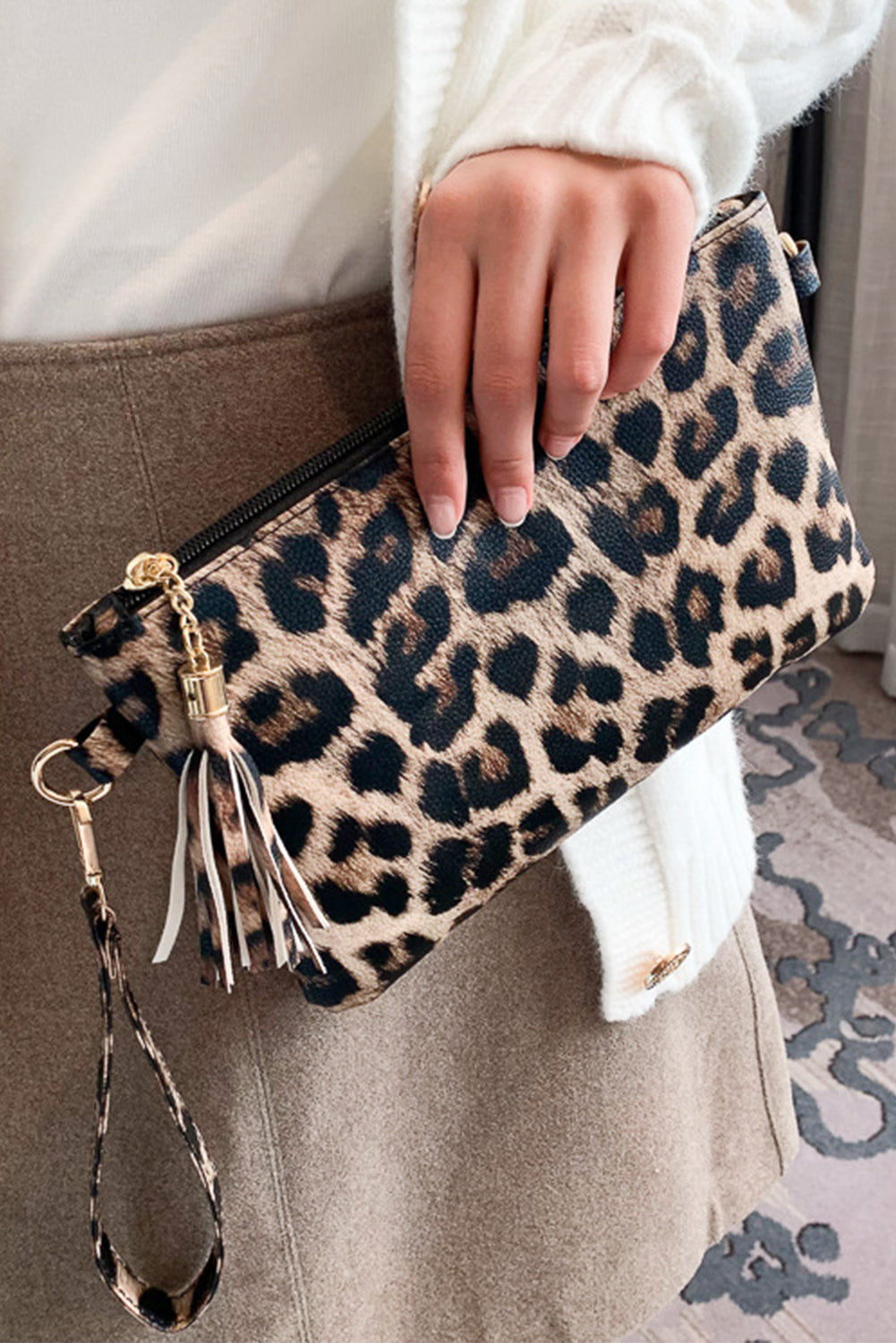 White Leopard Print Wrist Strap Zipped Wallet