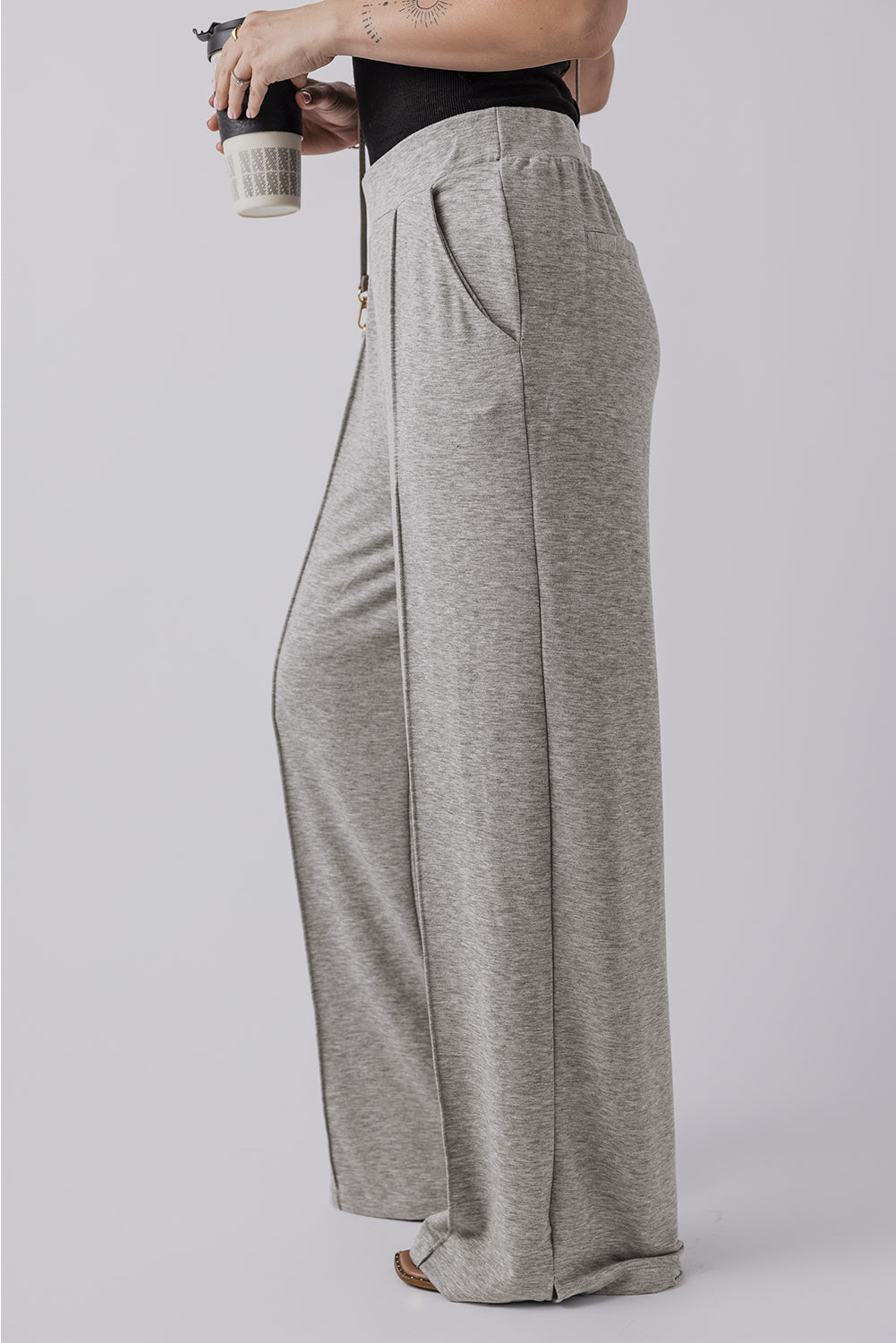 Medium Grey Central Seam Wide Leg High Waist Casual Pants