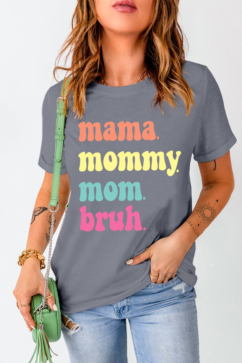 Gray Mama Letter Print Crew Neck Graphic Tee