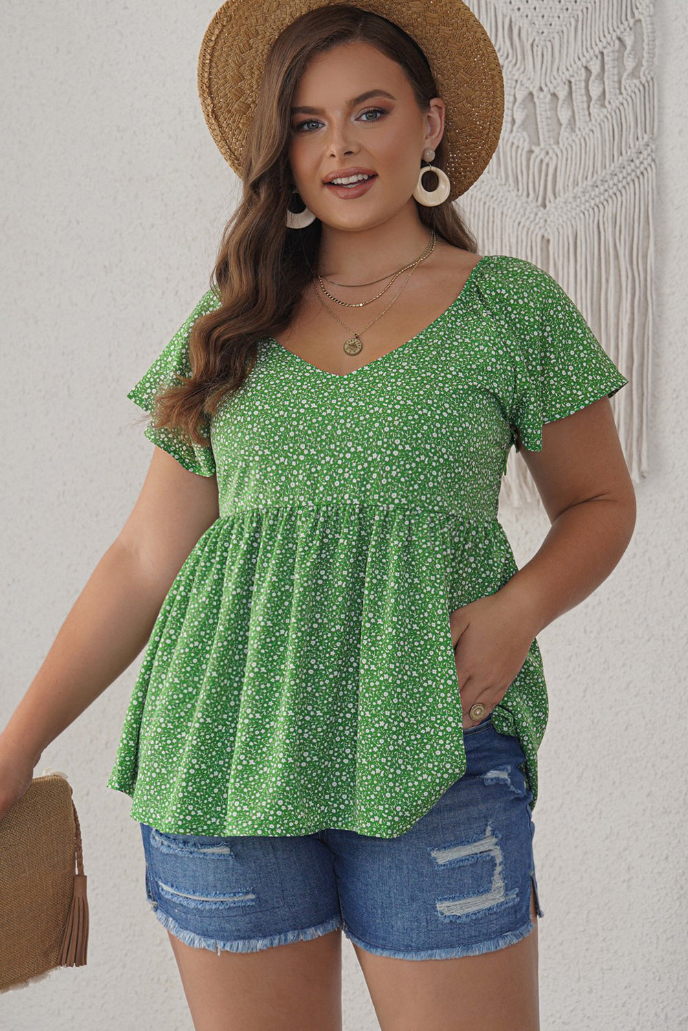 Green Floral Print Pleated Flounce Hem Short Sleeve Plus Size Top