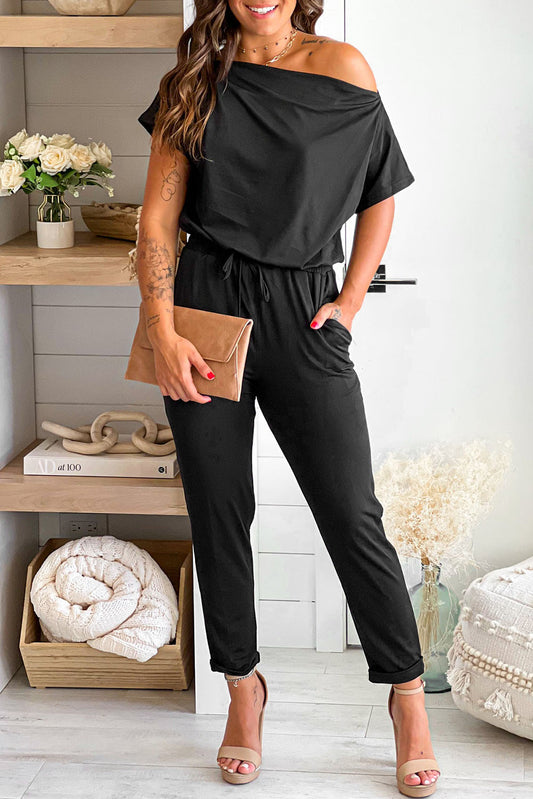 Black Tie Waist Off Shoulder Short Sleeve Tapered Jumpsuit