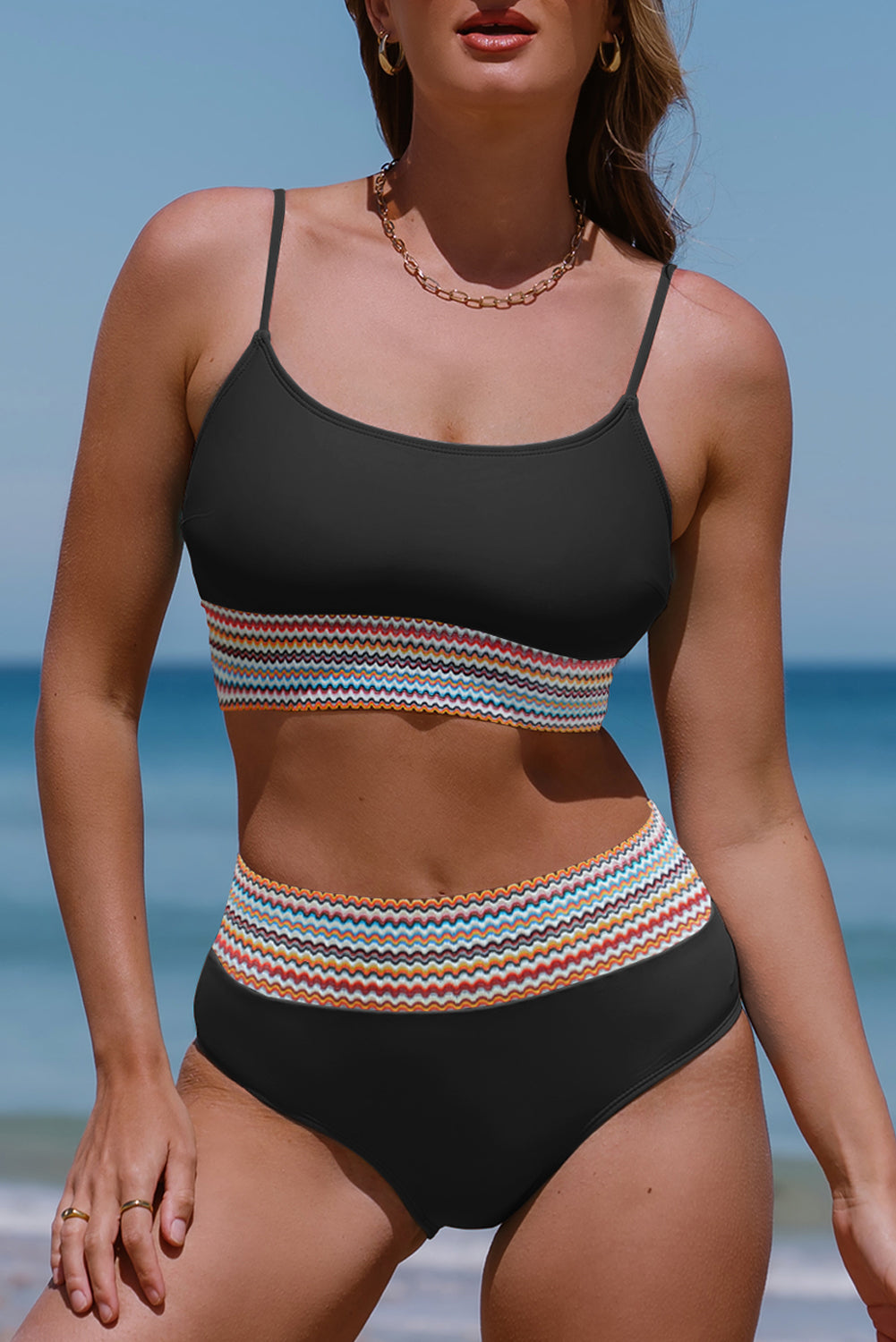 Black Striped Patchwork Spaghetti Strap High Waist Bikini Set