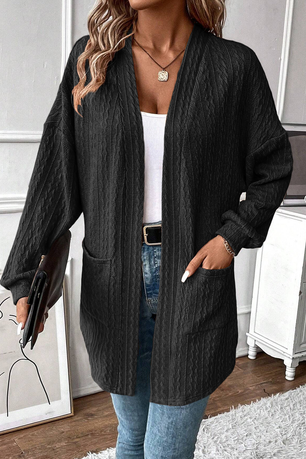 Canton Textured Knit Side Pockets Open Front Cardigan