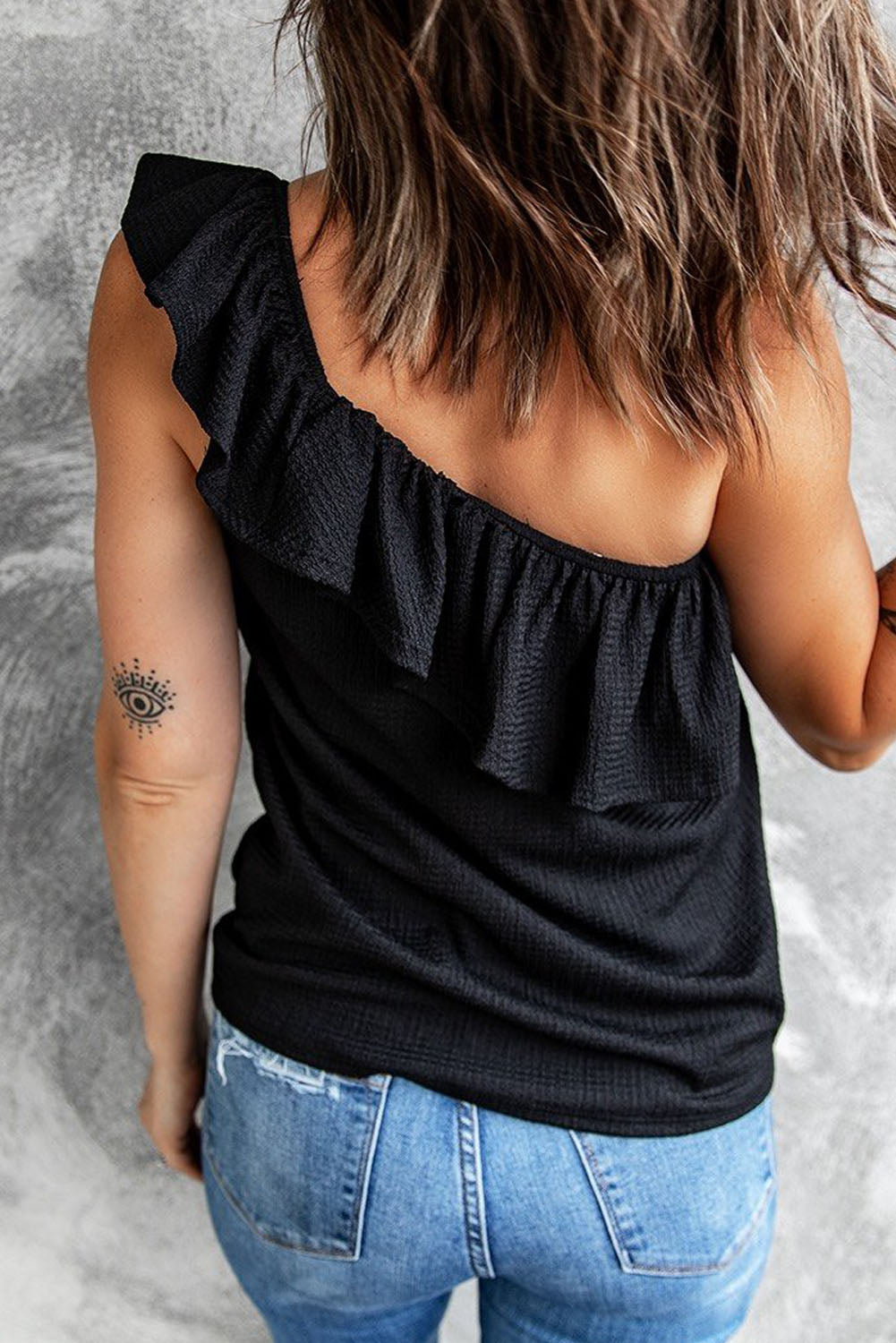 Black Textured Ruffle Trim Sleeveless One Shoulder Top