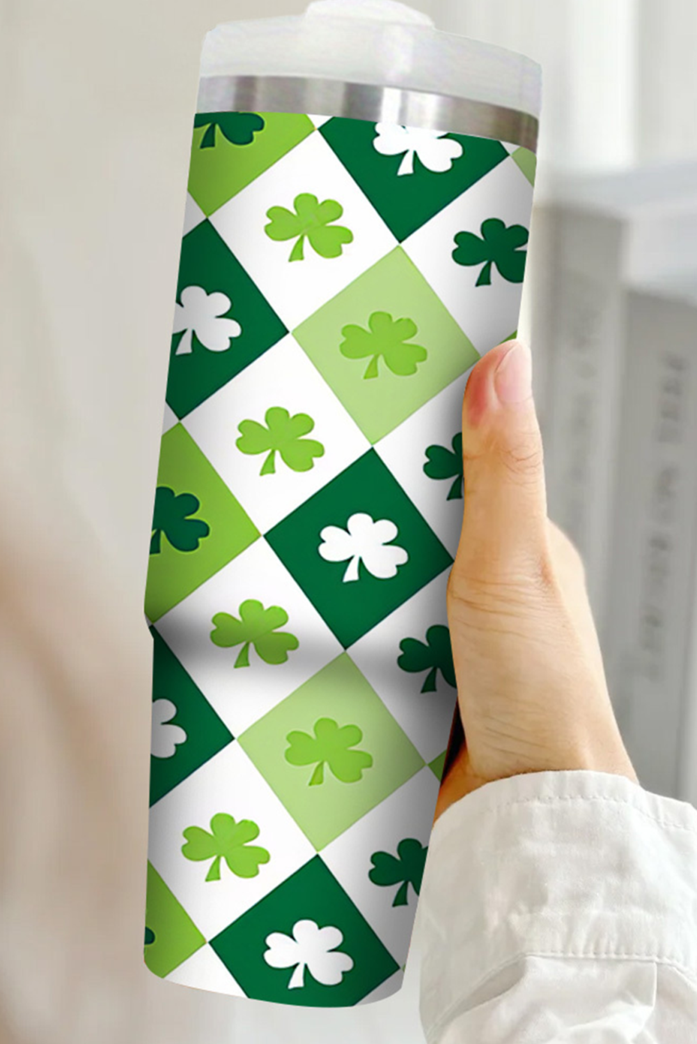 Green St Patricks Day Checkered Clover Tumbler Cup