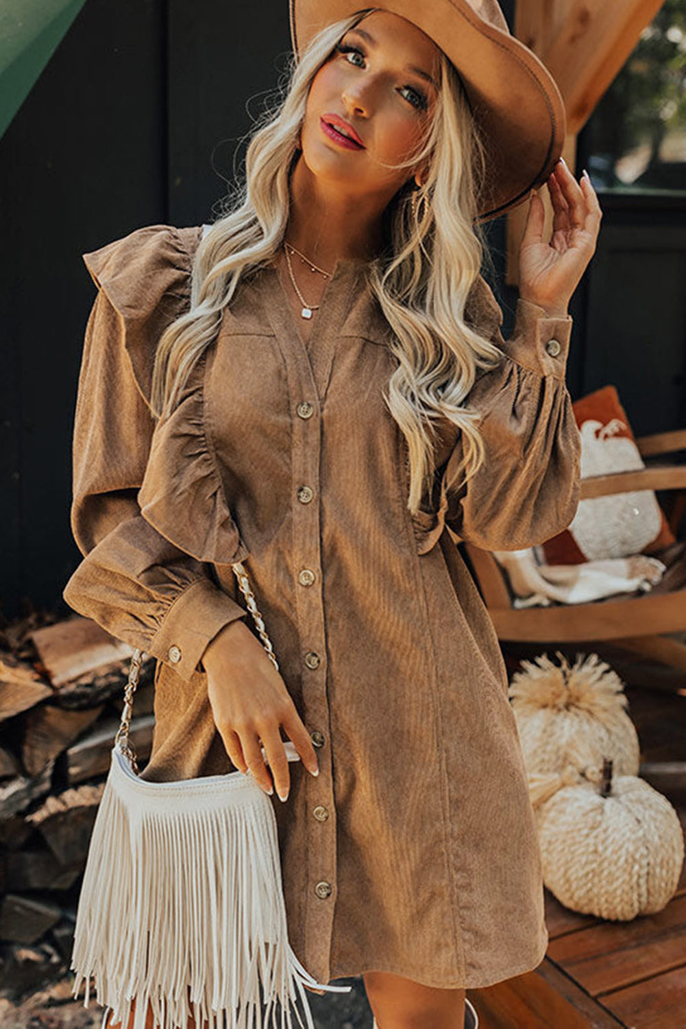 Camel Ruffle Trim Puff Sleeve Ribbed Shirt Dress