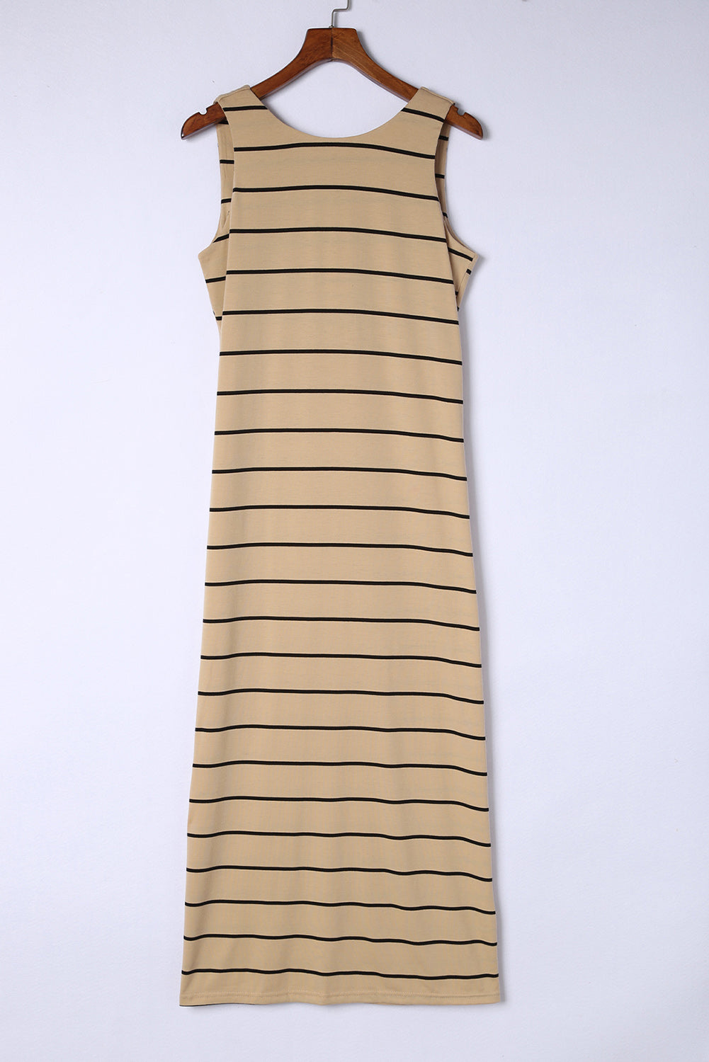 Khaki Striped Backless Casual Side Slits Maxi Dress