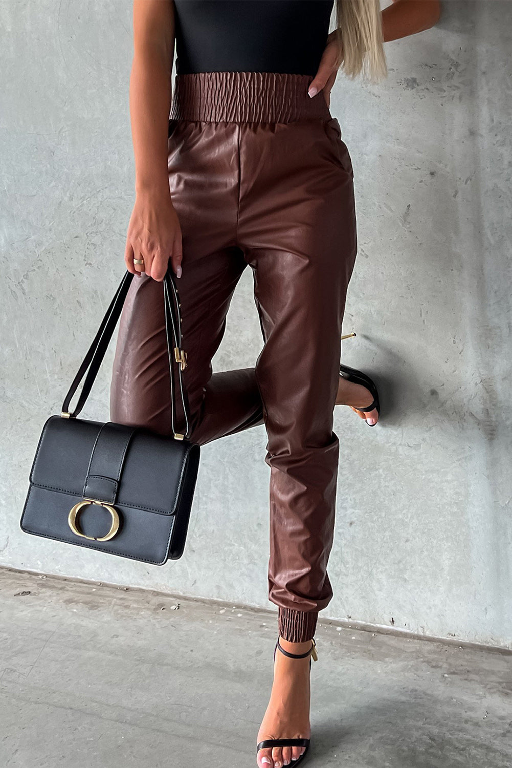 Black Smocked High Waist Leather Skinny Pants