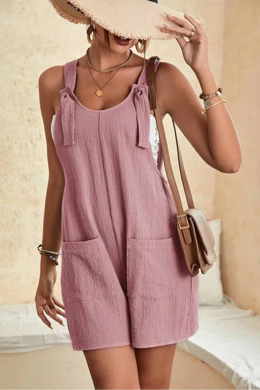 Black Shoulder Strap Pocket Textured Romper