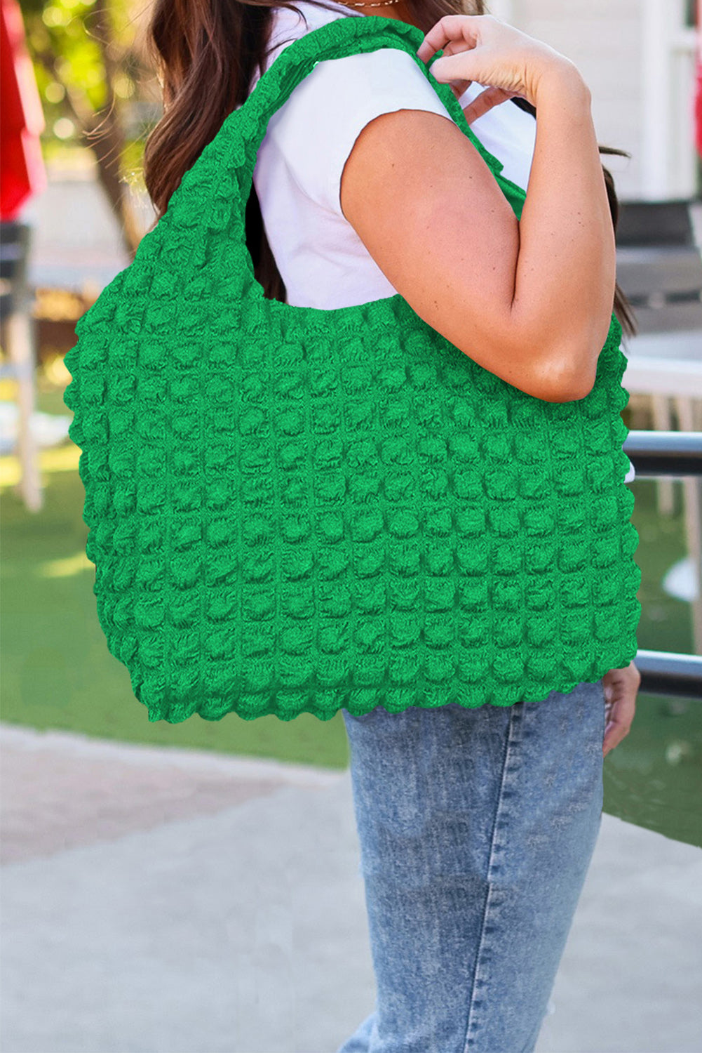 Green Textured Pleated Bubble Shoulder Bag