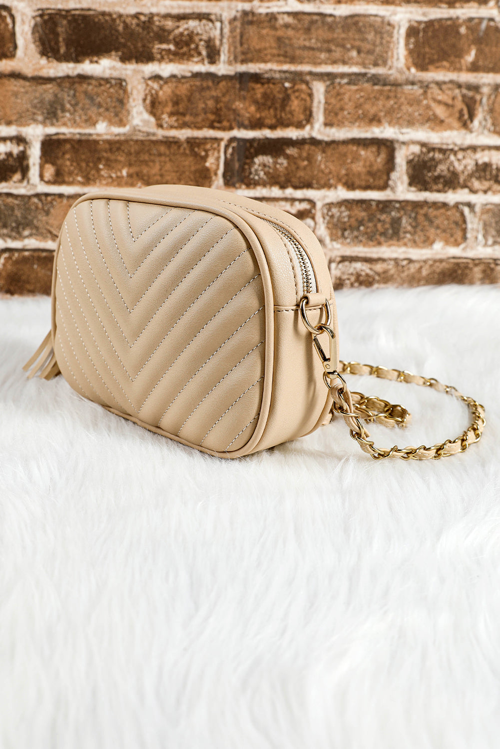 Oatmeal Chevron Stitch PU Leather Chain Strap Shoulder Bag