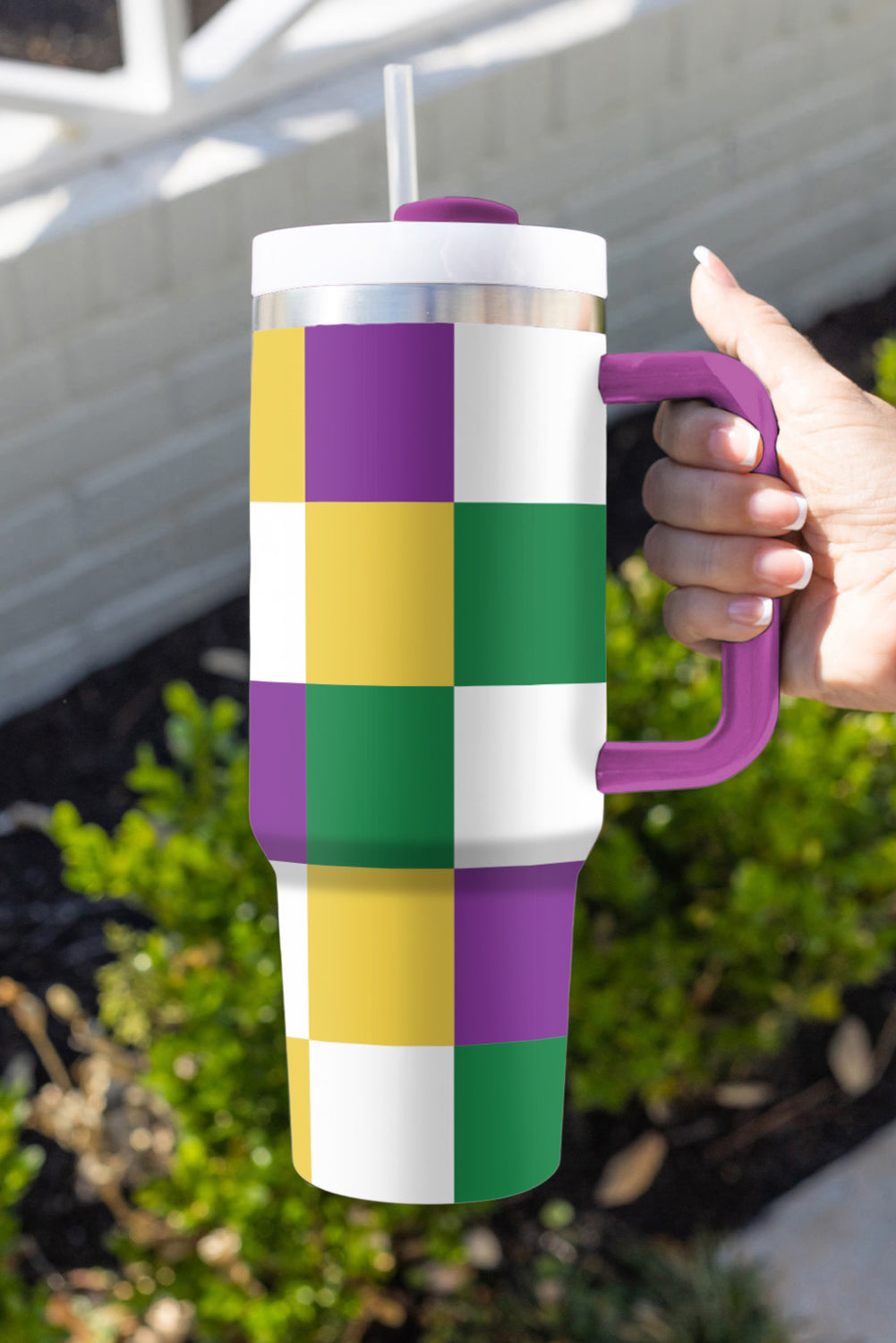 Tillandsia Purple Mardi Gras Checkered Print Handle Tumbler Cup