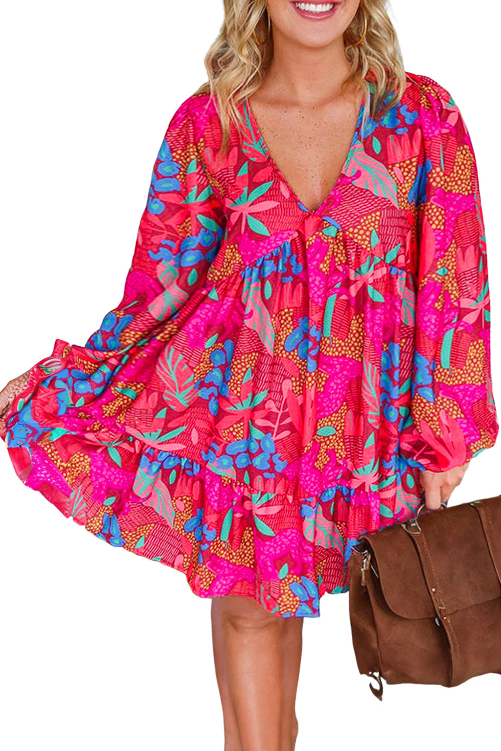 Rose Tropical Print Lantern Sleeve V Neck Ruffle Plus Size Mini Dress