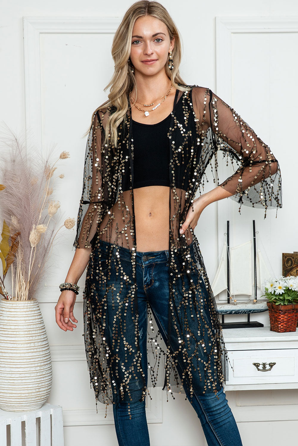 Black Sequin Sheer Casual Open Front Cover Up