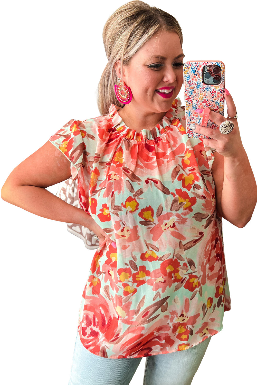 Red Plus Size Watercolor Floral Print Frill Neck Blouse