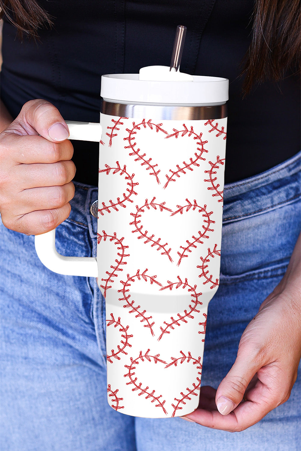 White Heart Baseball Print Stainless Thermos Cup with Handle