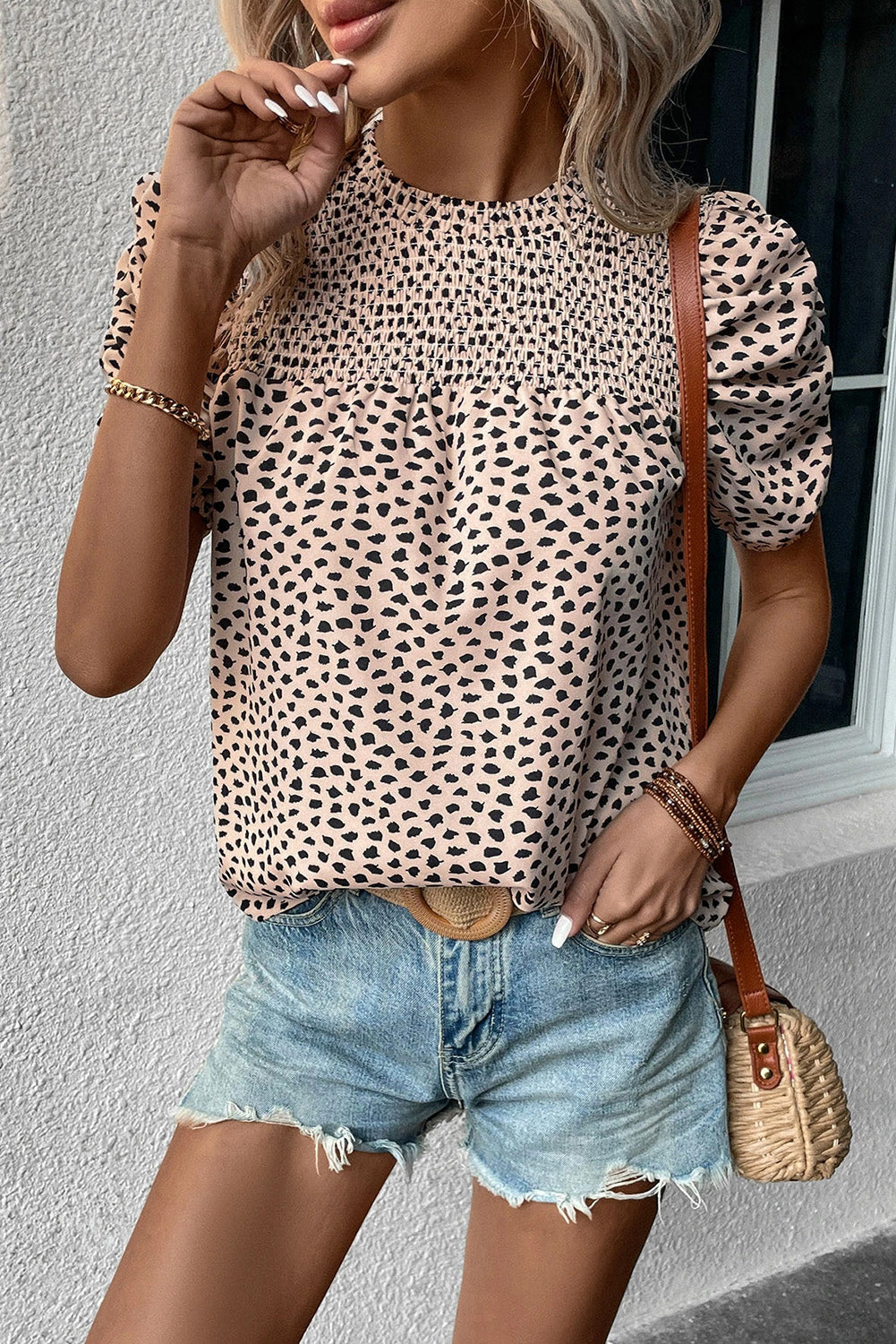 Khaki Leopard Print Smocked Puff Sleeve Blouse