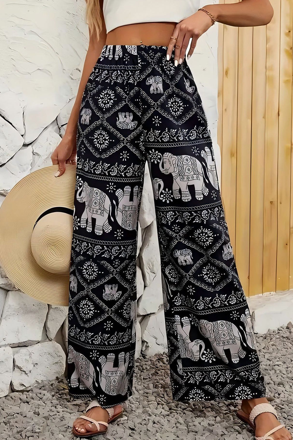 Black Ethnic Print Elastic Waist Wide Leg Pants