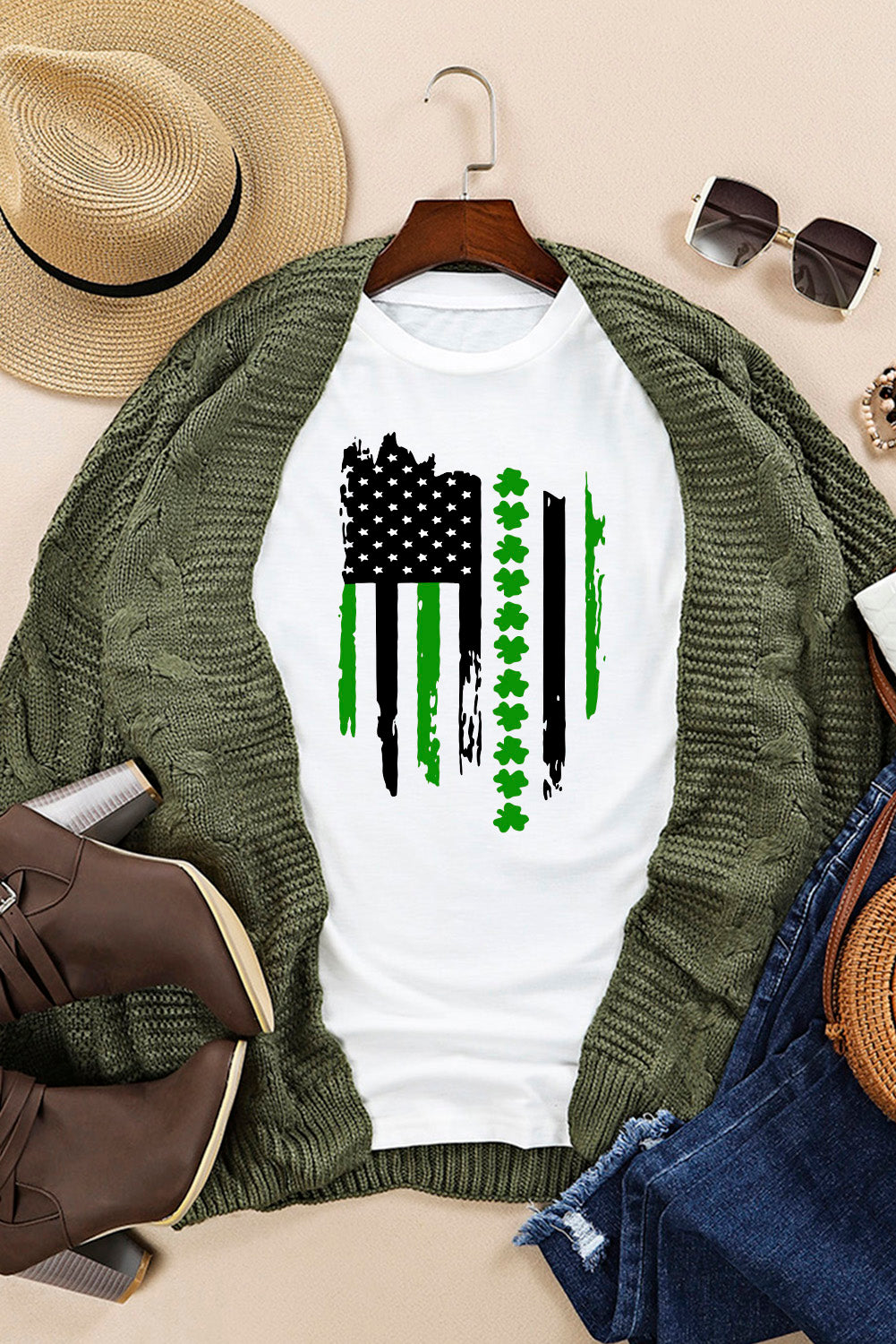 White St. Patricks Clover American Flag Graphic Crewneck Tee