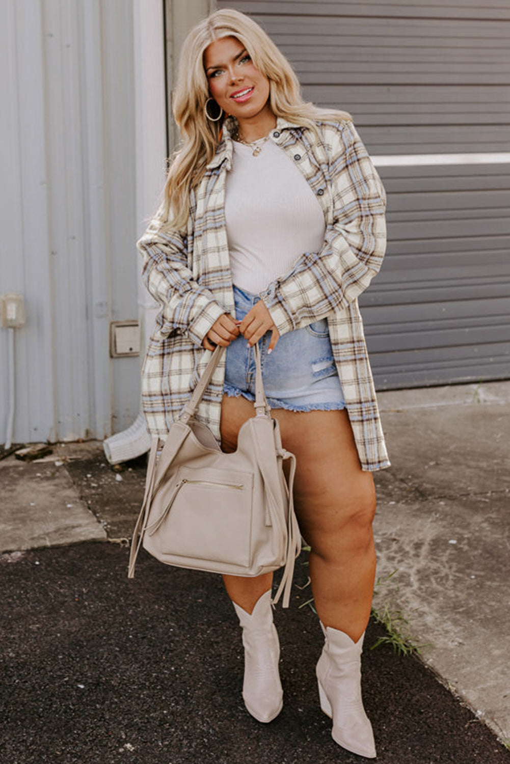 White Plaid Print Tunic Side Slits Plus Size Shacket