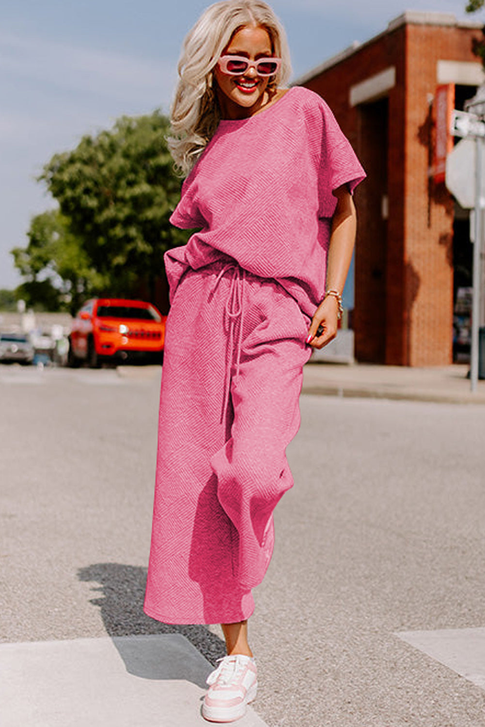 Black Textured Loose Fit T Shirt and Drawstring Pants Set