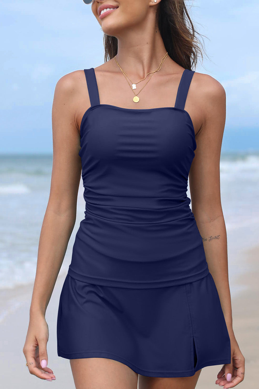 Black Ruched Square Neck Adjustable Strap Tankini Swimsuit