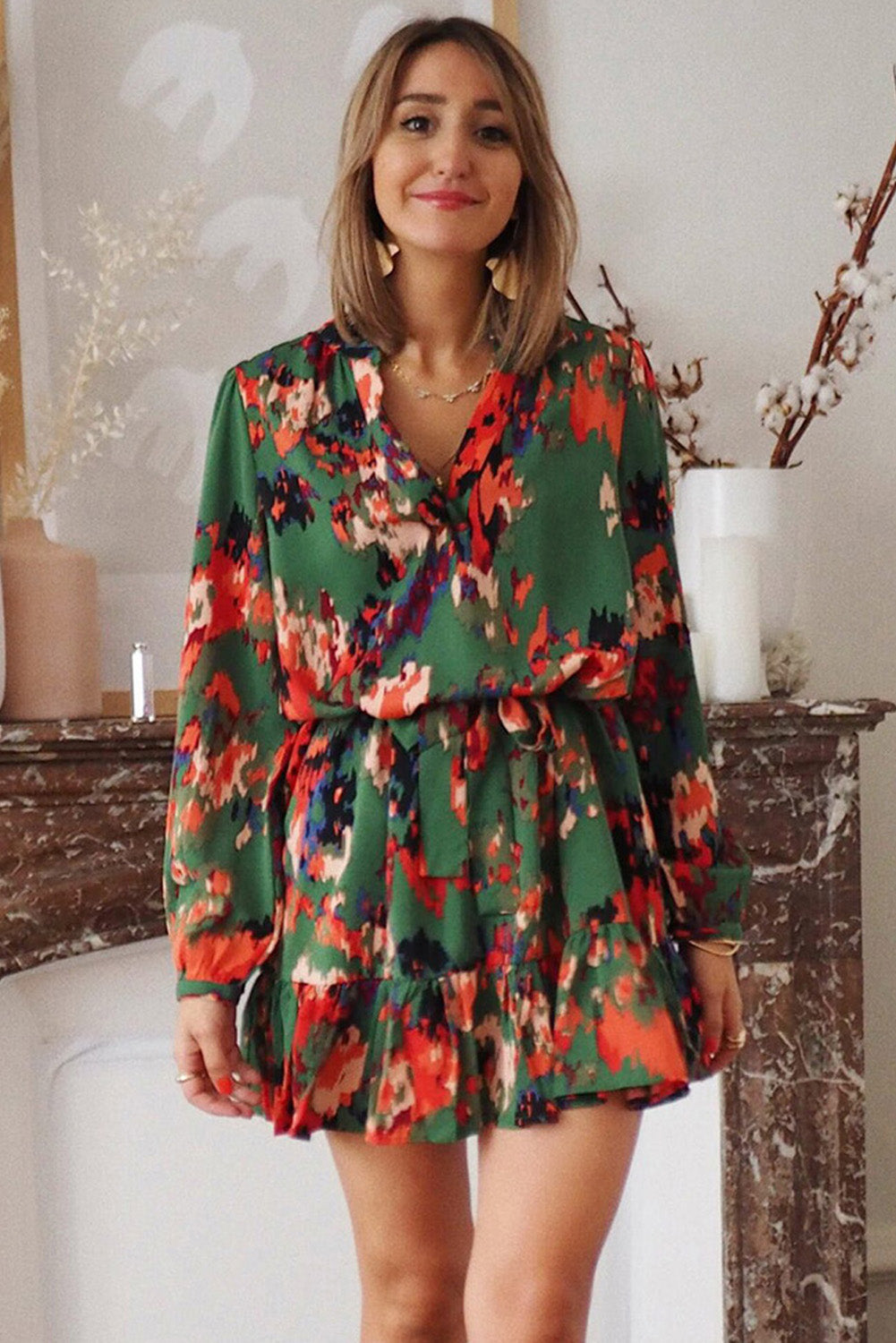 Abstract Print Waist Belted Flounce Hem Split V Neck Long Sleeve Dress