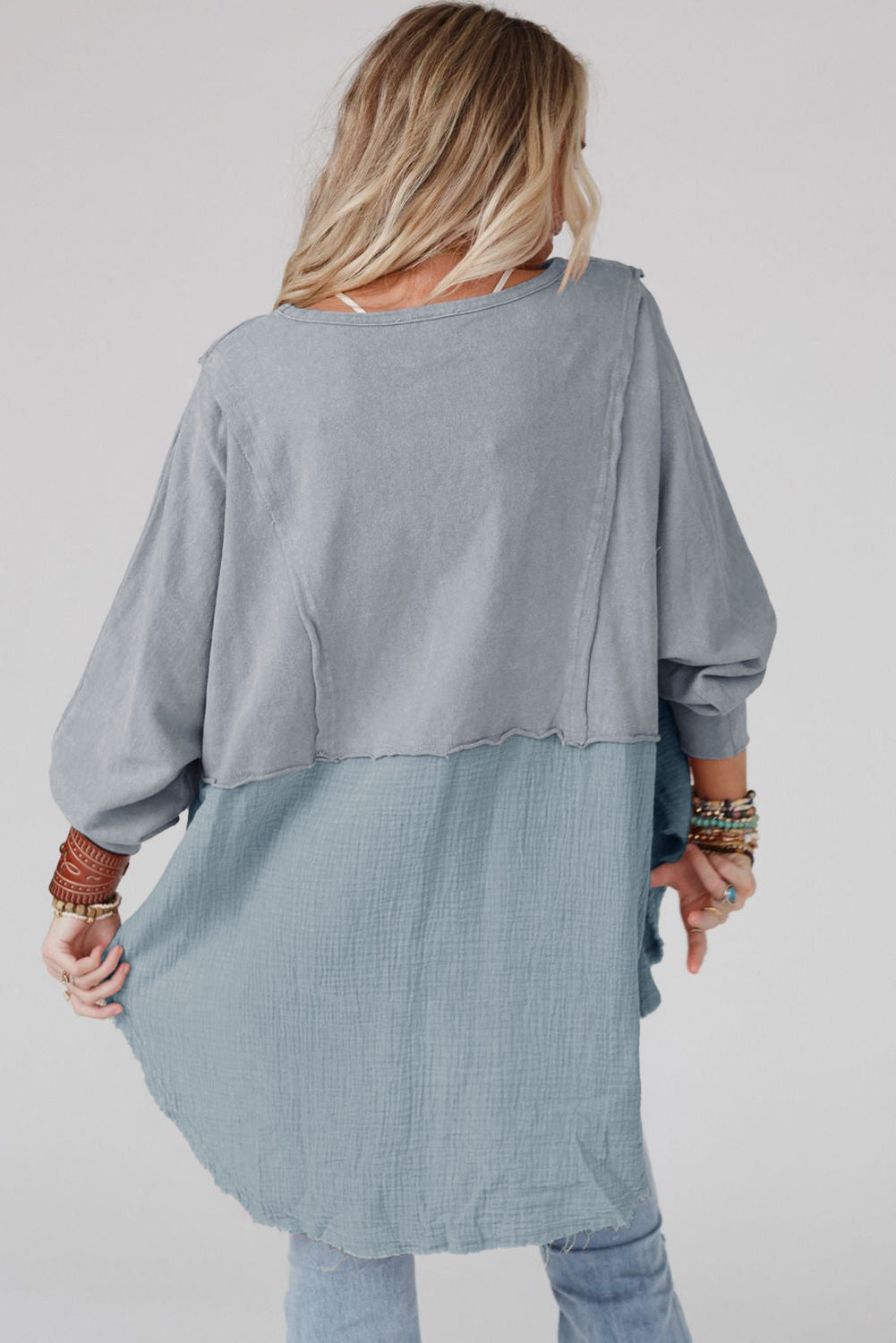 Grey Crinkled Patchwork Raw Hem Oversized Top