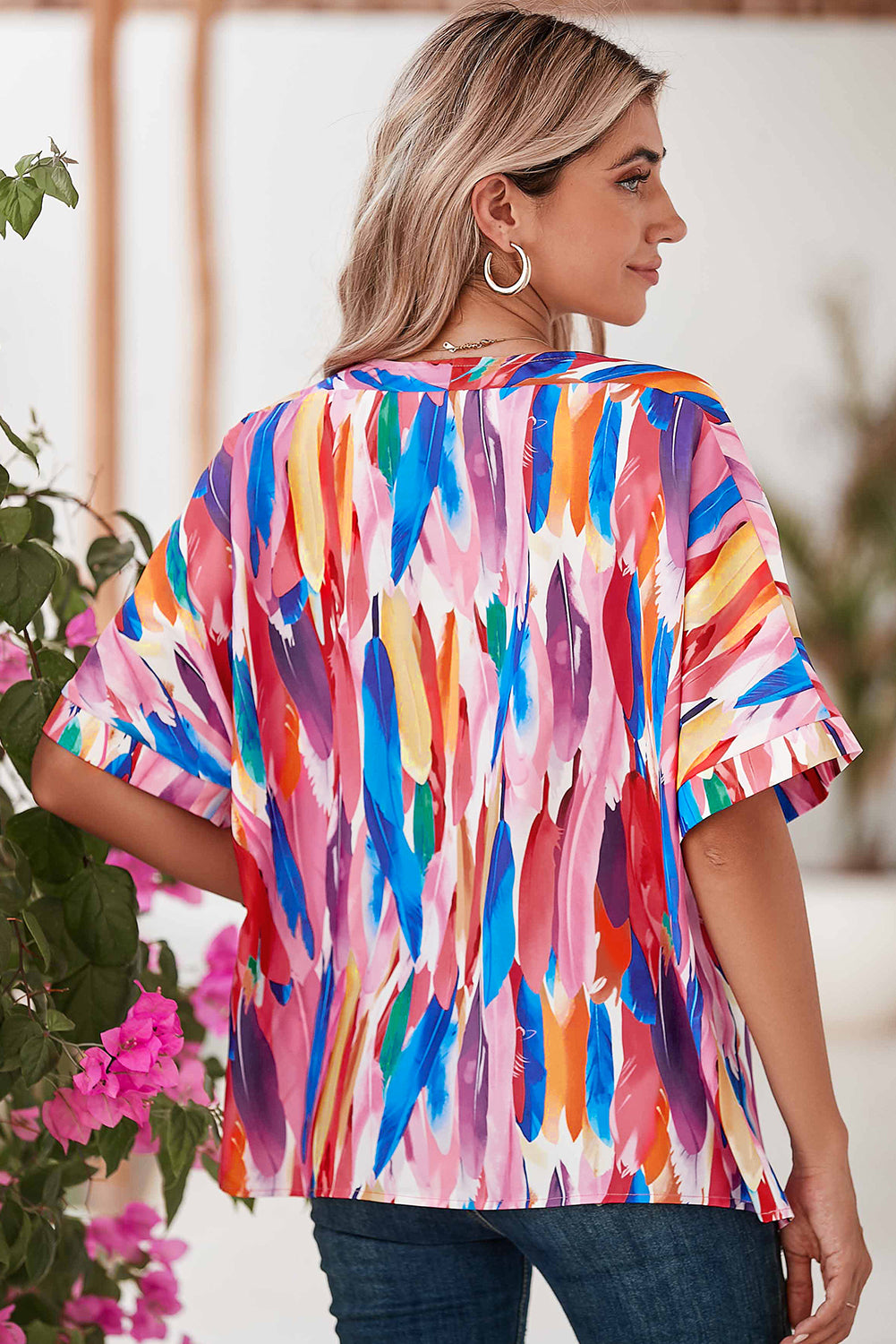 Multicolor Watercolor Abstract Print V Neck Blouse