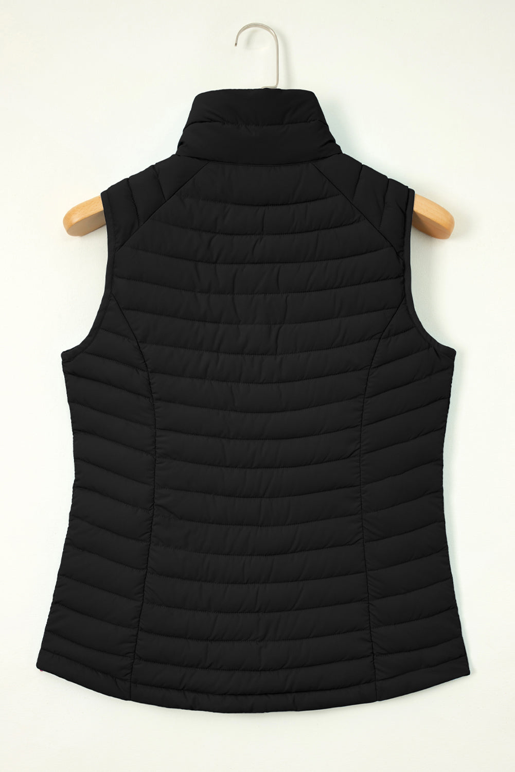 Black Plush Collared Quilted Zipped Puffer Vest