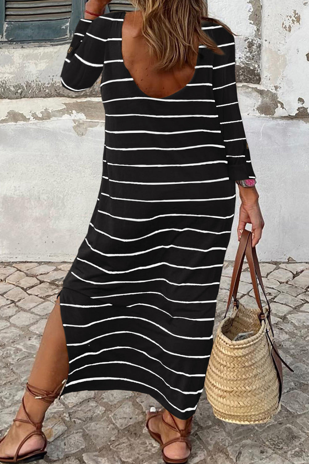 Black Plus Size Striped Loose Shift Maxi Dress